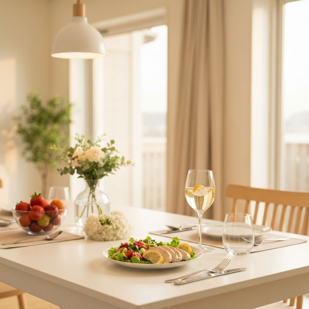 Ήρεμο τραπέζι με φαγητό και ποτό σε φωτεινό περιβάλλον